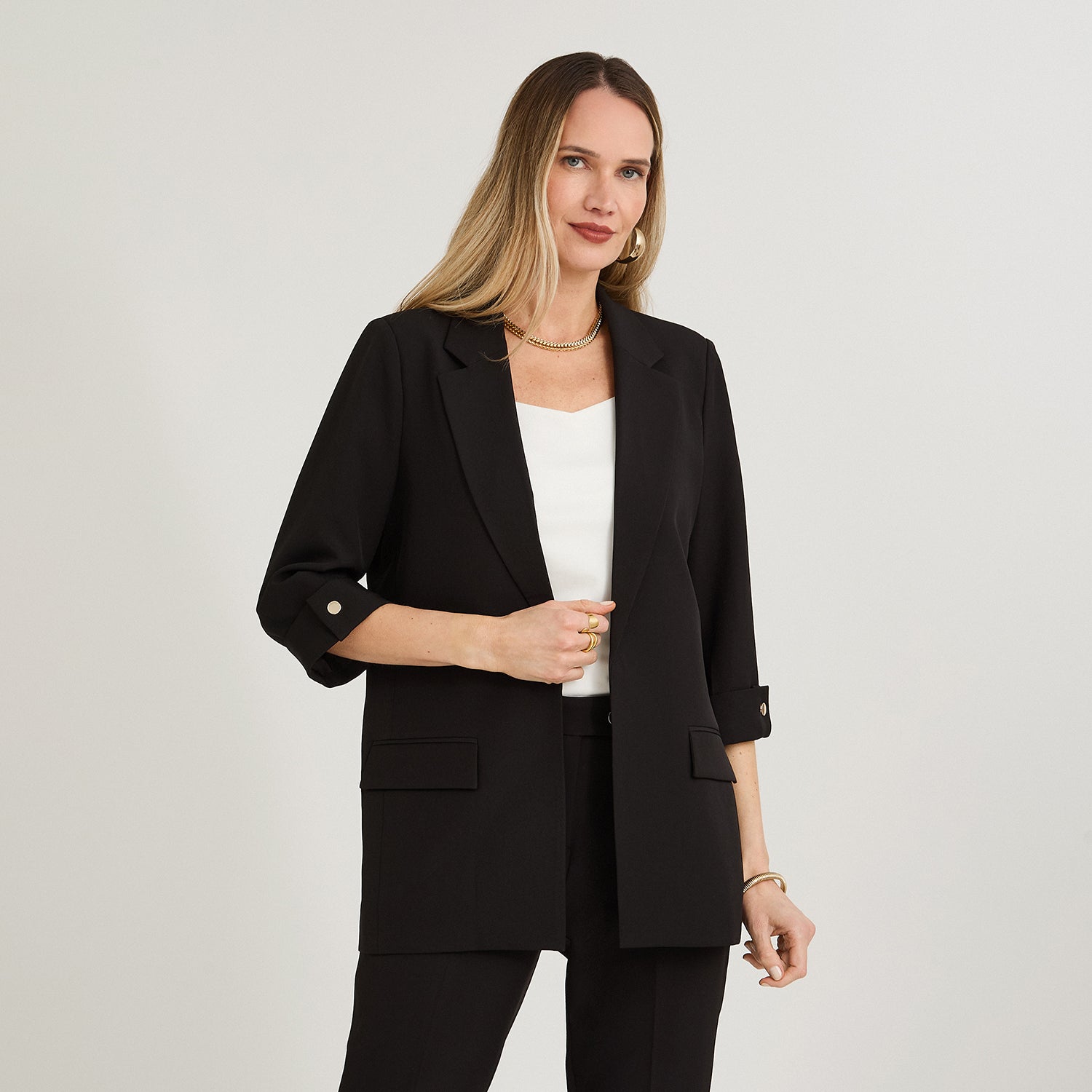 Blazer Manga 3/4 Bolsillos con Solapa Negro